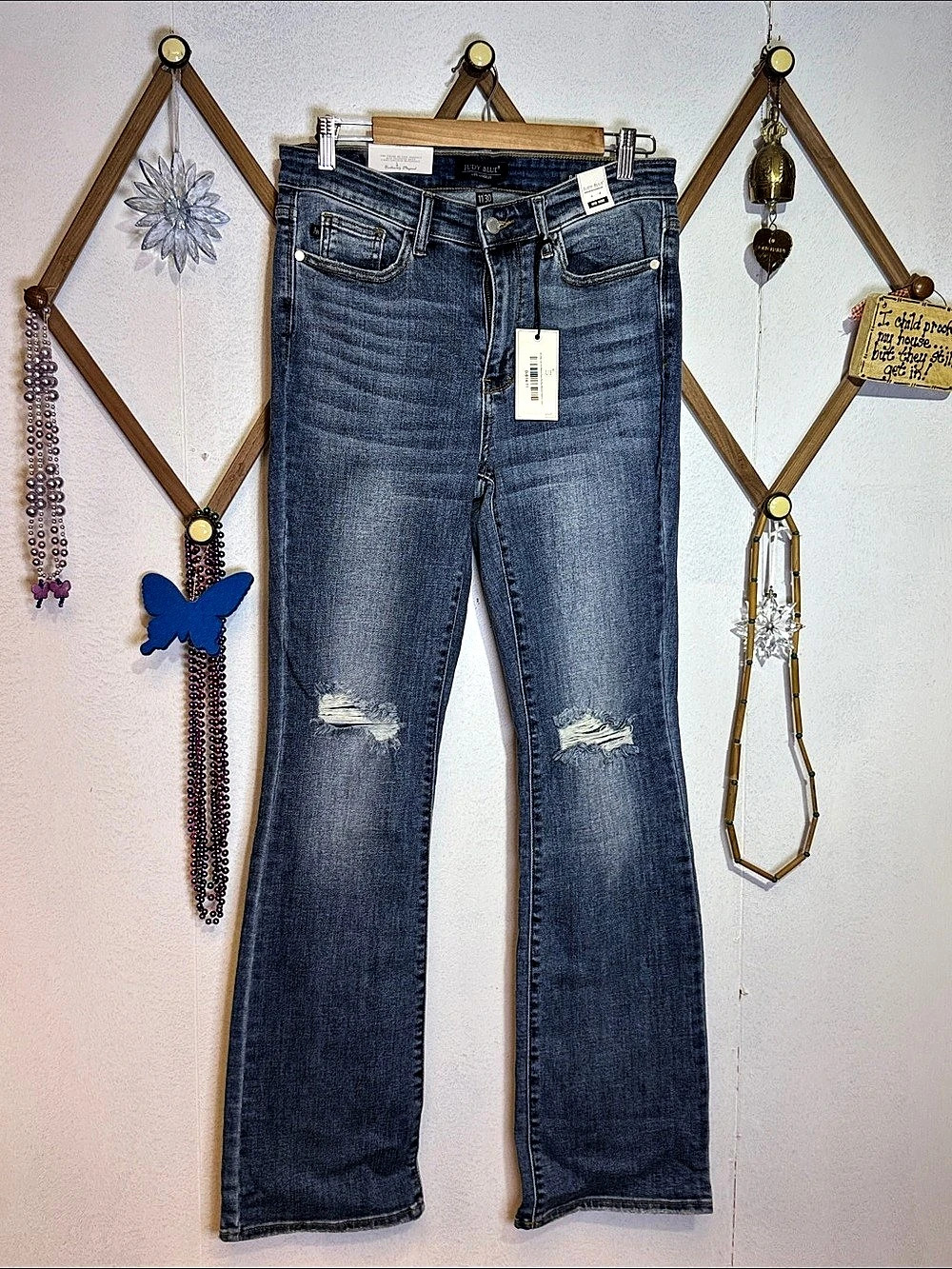 Judy Blue Distressed Boot Cut Crop Jeans Blue Waist 11